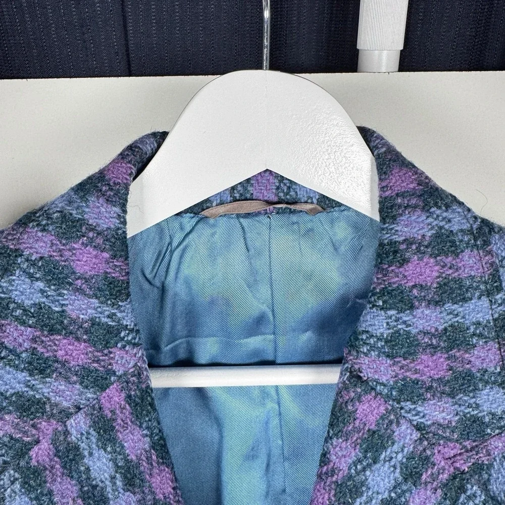 Vintage 80s ALEXANDRE Harris Tweed Wool Blazer Plaid Blue Purple - Fitted Large